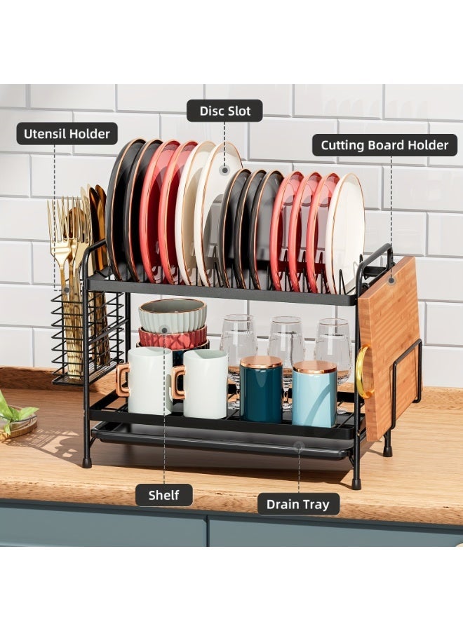 2-Tier Black Dish Drying Rack, Large Capacity Rust-Proof Kitchen Organizer with Cutting Board Holder & Drainboard Set - Image 3